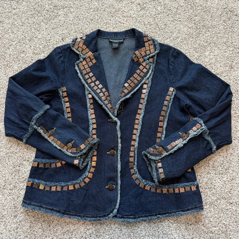 Vintage Style Studded Denim Jacket Chez Vouzde France Boho Western Large